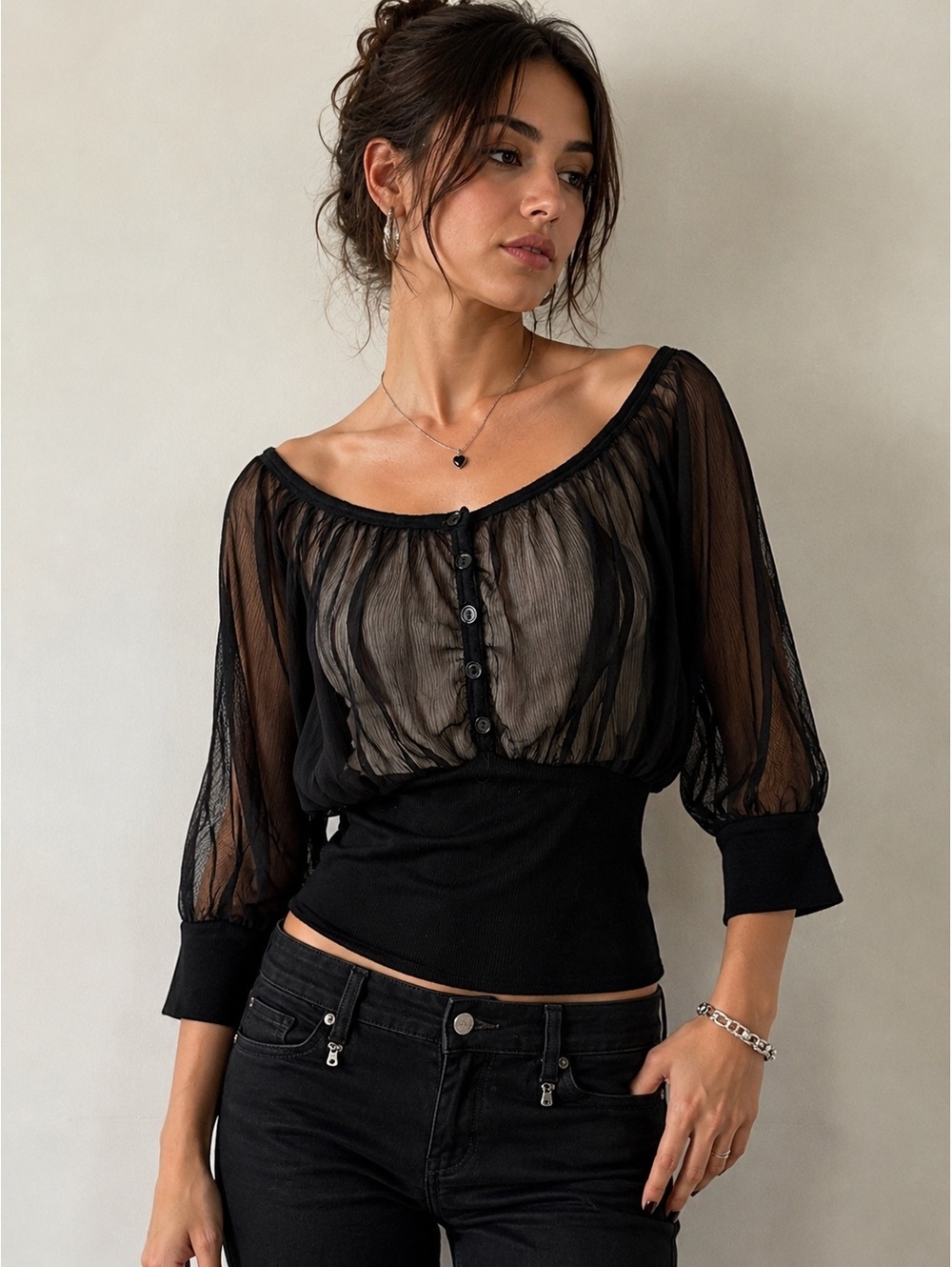 XXI Y2K Black Sheer Chiffon Blouse Top Size L